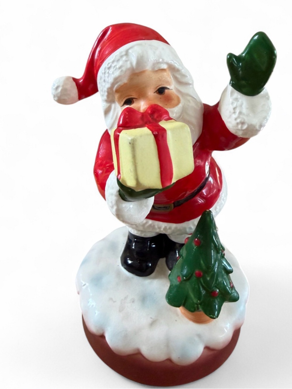 Santa Claus with Present Animated Wind-Up Musical Porcelain Christmas Music Box